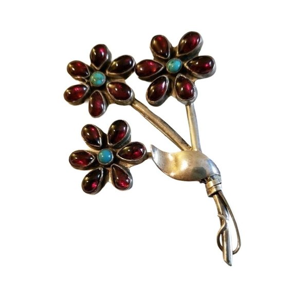 Artisan Brooch Sterling Silver Garnet Turquoise Flower Pin JS14 - Picture 2 of 10